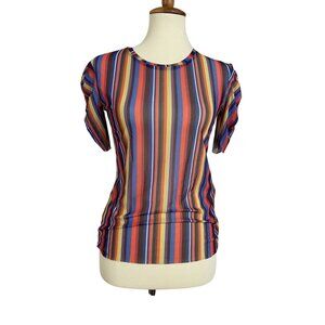 Zara Trafaluc Women's Multicolor Sheer Short Sleeve Striped Top Shirt SZ Medium